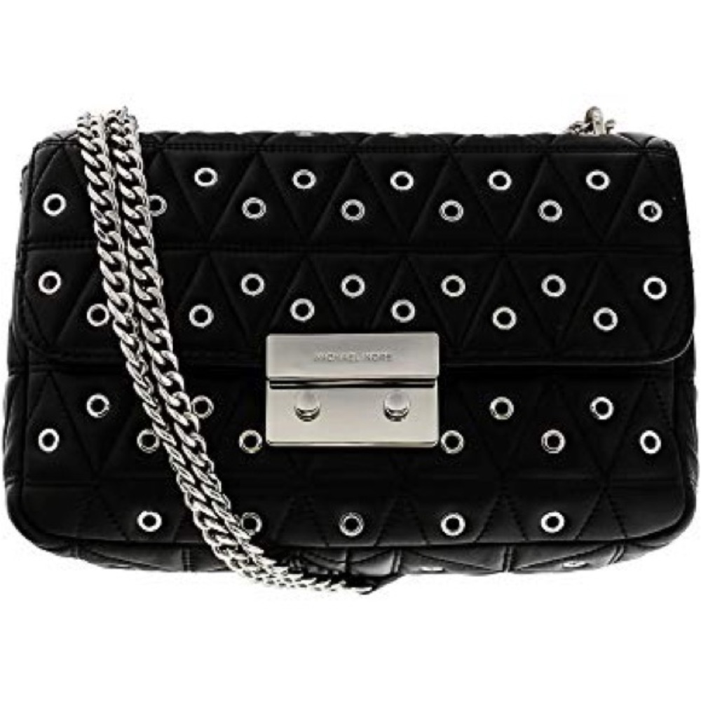 Michael Kors Black Quilted Studded Shoulder Bag with silver chain